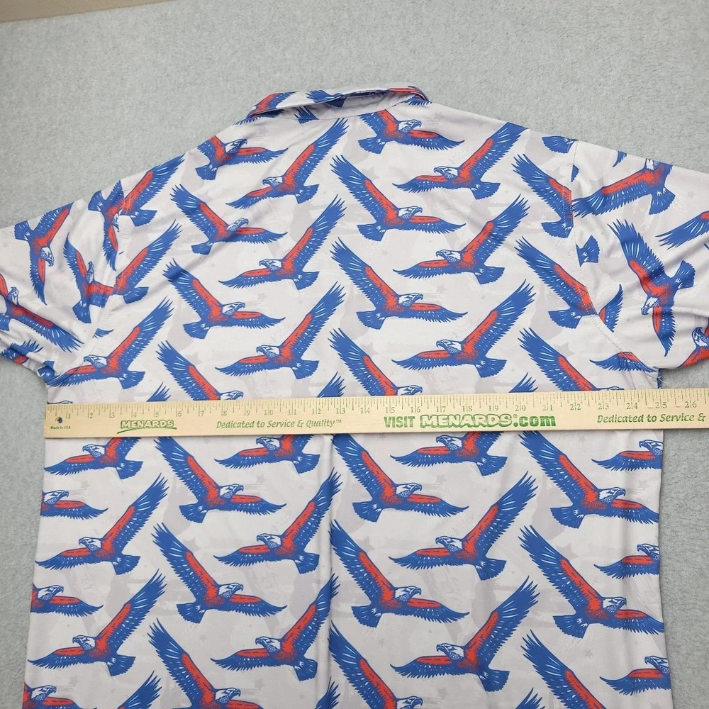 Waggle Polo Shirt Mens 2XL White‎ Blue Red Eagle Print Golf Performance Stretch - Picture 8 of 9